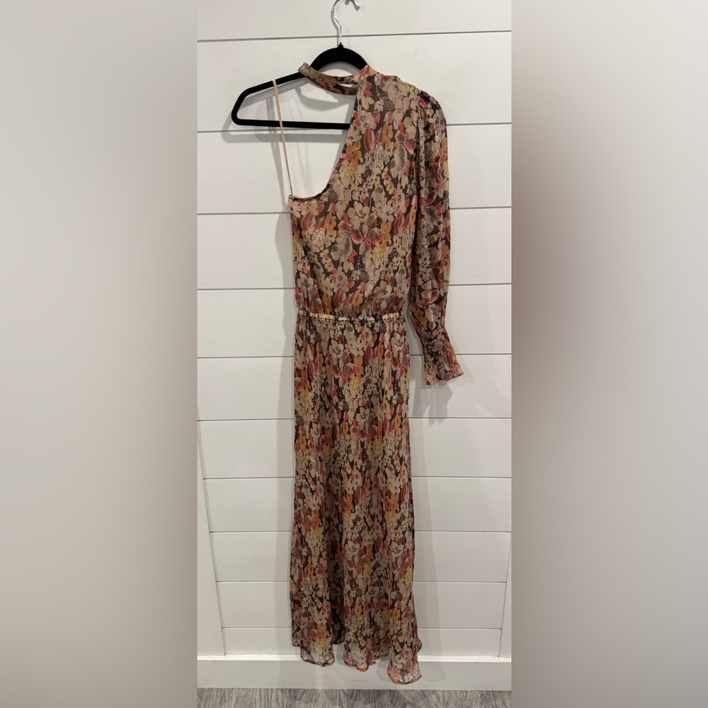 Polo Ralp Lauren Micele One Shoulder Brown Floral Midi Dress - Picture 7 of 9